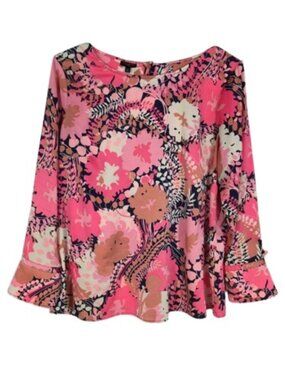Talbots Floral Blouse 1X Pink Bell Sleeve Tie Cuff Lightweight Top